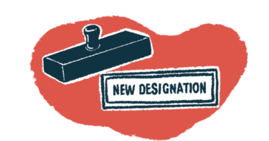 The words new designation are shown on a red backdrop with an illustration of a rubber stamp hovering overhead.