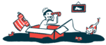 Illustration of a child looking through binoculars while sitting in a cardboard box, with toys and a cat nearby.