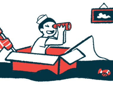 Illustration of a child looking through binoculars while sitting in a cardboard box, with toys and a cat nearby.