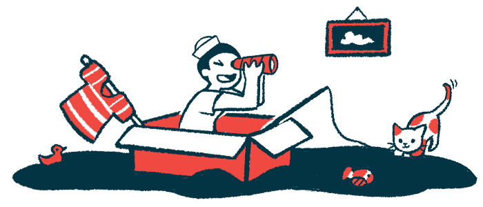 Illustration of a child looking through binoculars while sitting in a cardboard box, with toys and a cat nearby.