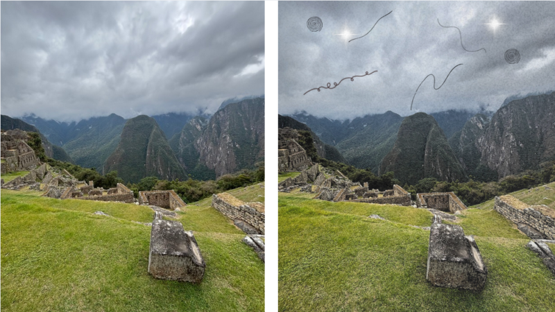 A photo stitch collage of two side-by-side images of a green a rocky highland landscape on a cloudy day.