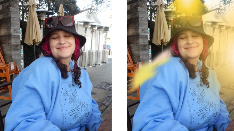 A side-by-side photo stitch collage of a woman in a light blue sweatshirt, black bucket hat, red sunglasses, and red and black hair, smiling with her eyes closed. The second one has a blurry yellow image in it, too.