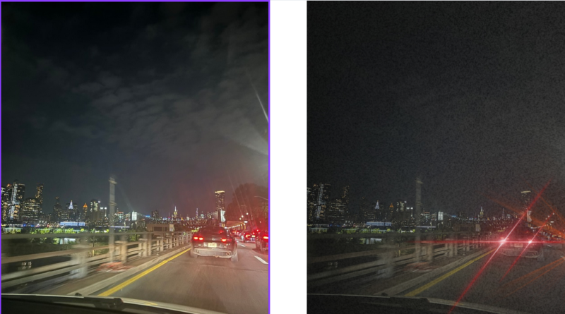 Two side-by-side nighttime photos of traffic, with the taillights of cars. The one on the right is darker. 